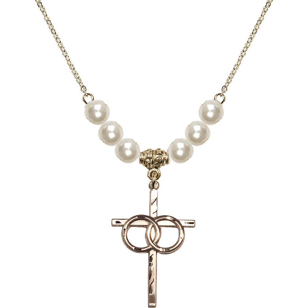 14kt Gold Filled Wedding Rings Cross Birthstone Necklace with Faux-Pearl Beads - 0671