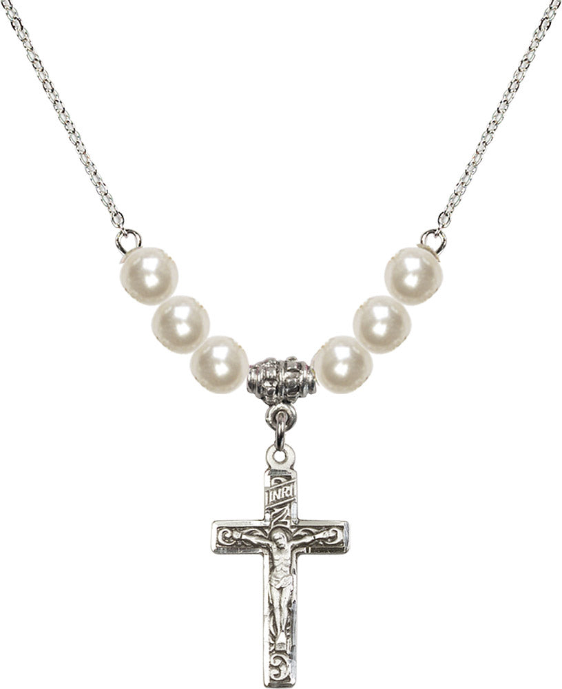 Sterling Silver Crucifix Birthstone Necklace with Faux-Pearl Beads - 0673