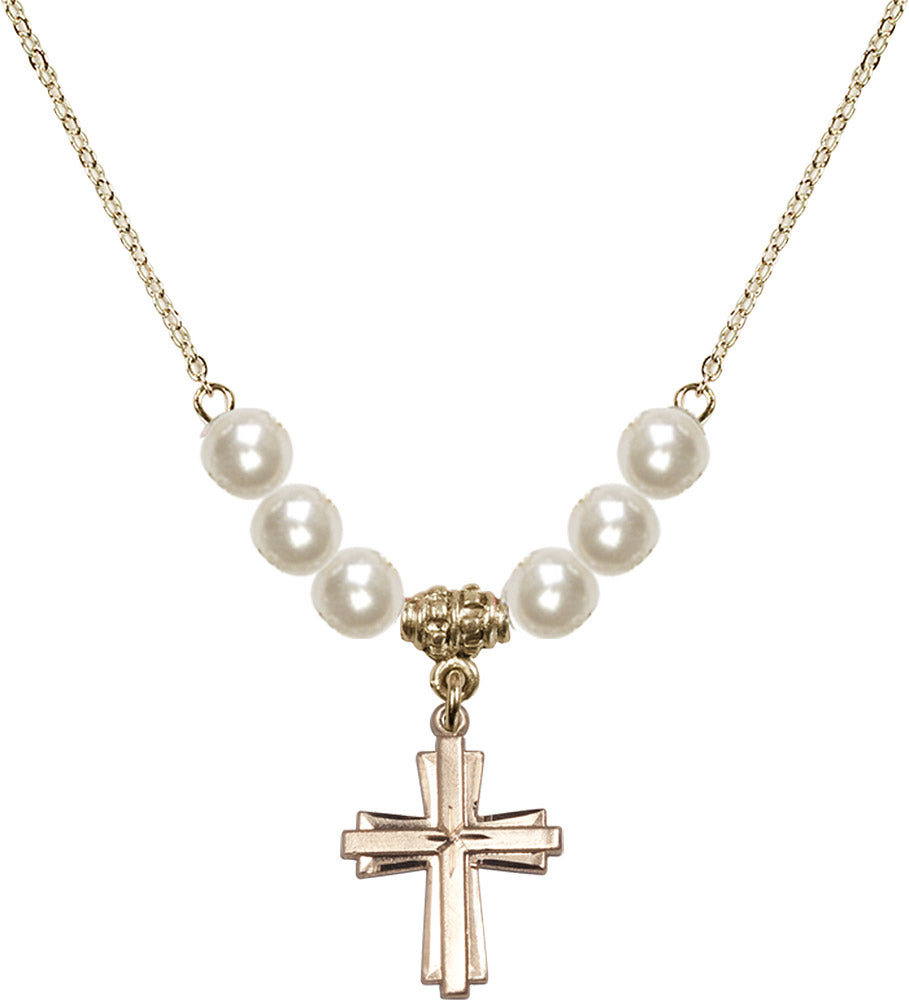 14kt Gold Filled Cross Birthstone Necklace with Faux-Pearl Beads - 0675