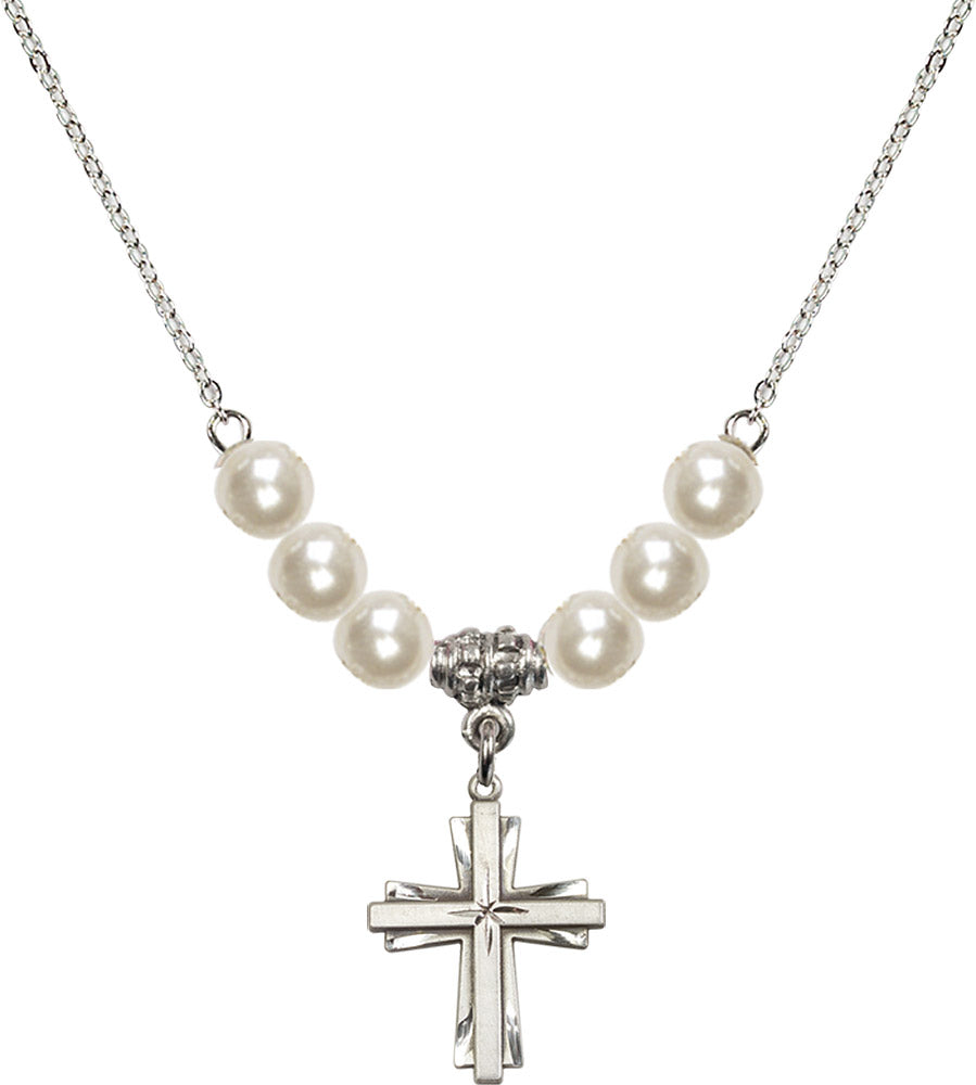 Sterling Silver Cross Birthstone Necklace with Faux-Pearl Beads - 0675