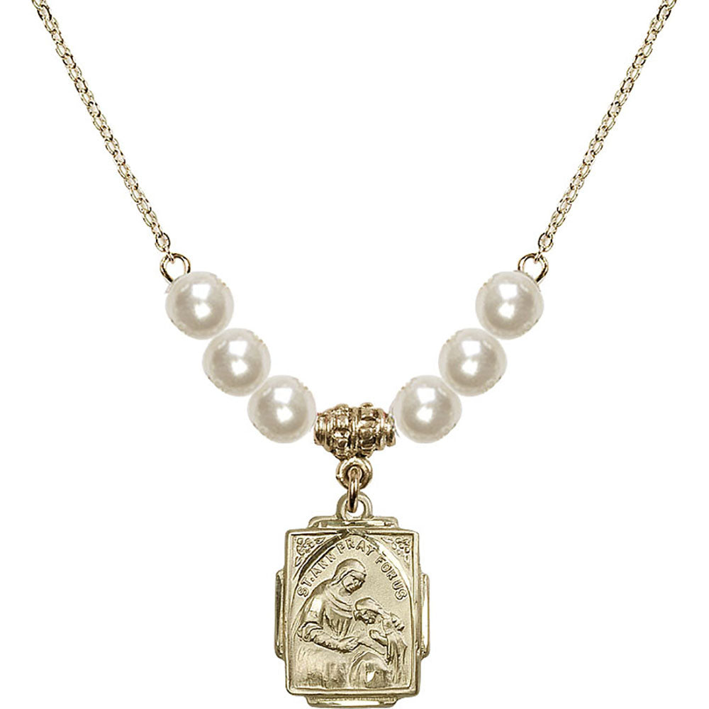14kt Gold Filled Saint Ann Birthstone Necklace with Faux-Pearl Beads - 0804