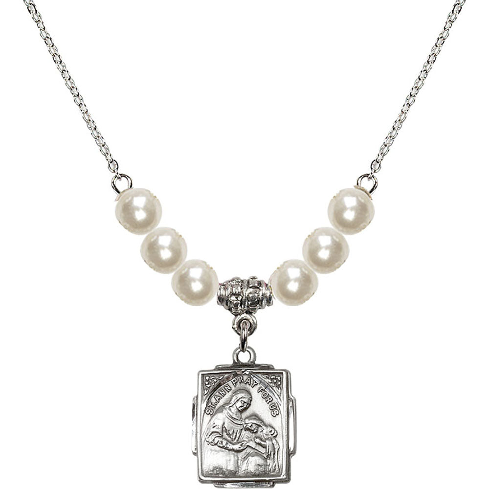 Sterling Silver Saint Ann Birthstone Necklace with Faux-Pearl Beads - 0804