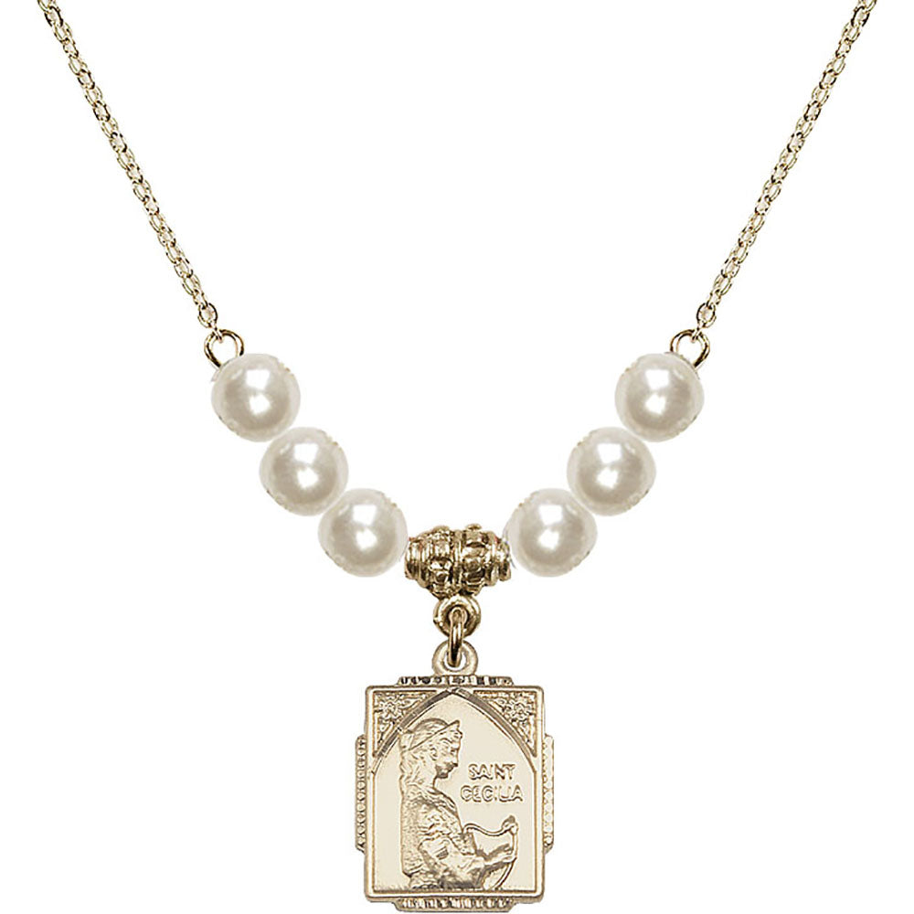 14kt Gold Filled Saint Cecilia Birthstone Necklace with Faux-Pearl Beads - 0804