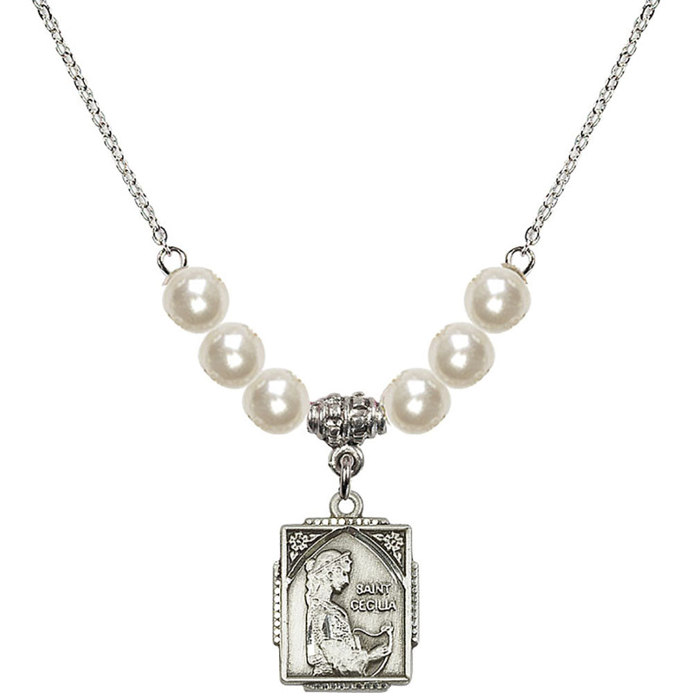 Sterling Silver Saint Cecilia Birthstone Necklace with Faux-Pearl Beads - 0804