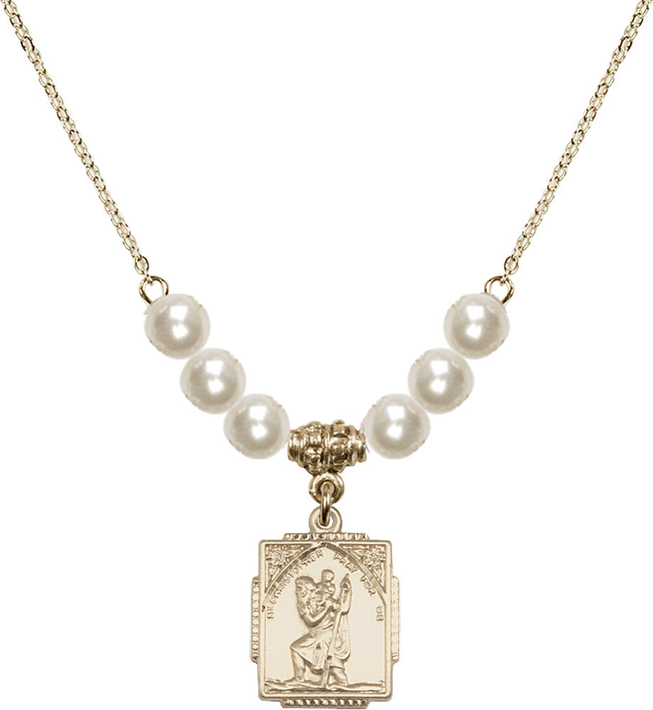 14kt Gold Filled Saint Christopher Birthstone Necklace with Faux-Pearl Beads - 0804