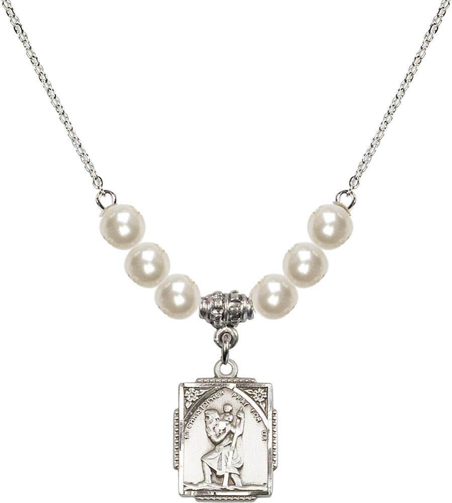 Sterling Silver Saint Christopher Birthstone Necklace with Faux-Pearl Beads - 0804