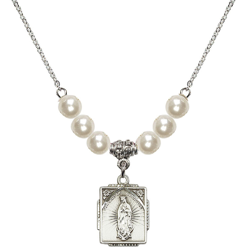 Sterling Silver Our Lady of Guadalupe Birthstone Necklace with Faux-Pearl Beads - 0804