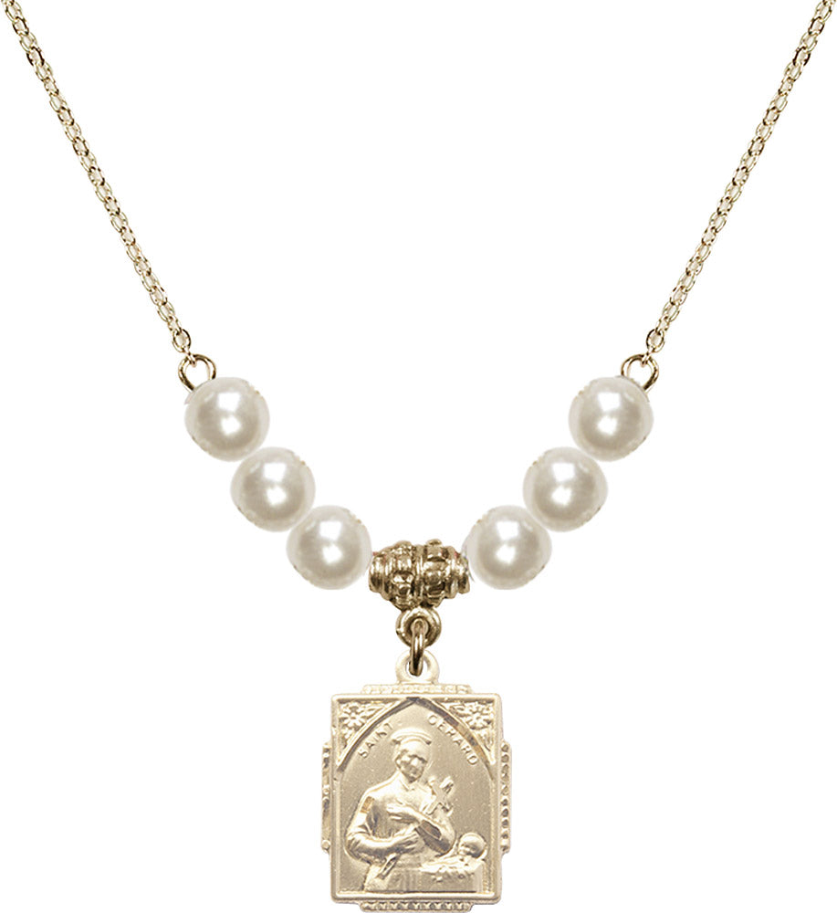 14kt Gold Filled Saint Gerard Birthstone Necklace with Faux-Pearl Beads - 0804