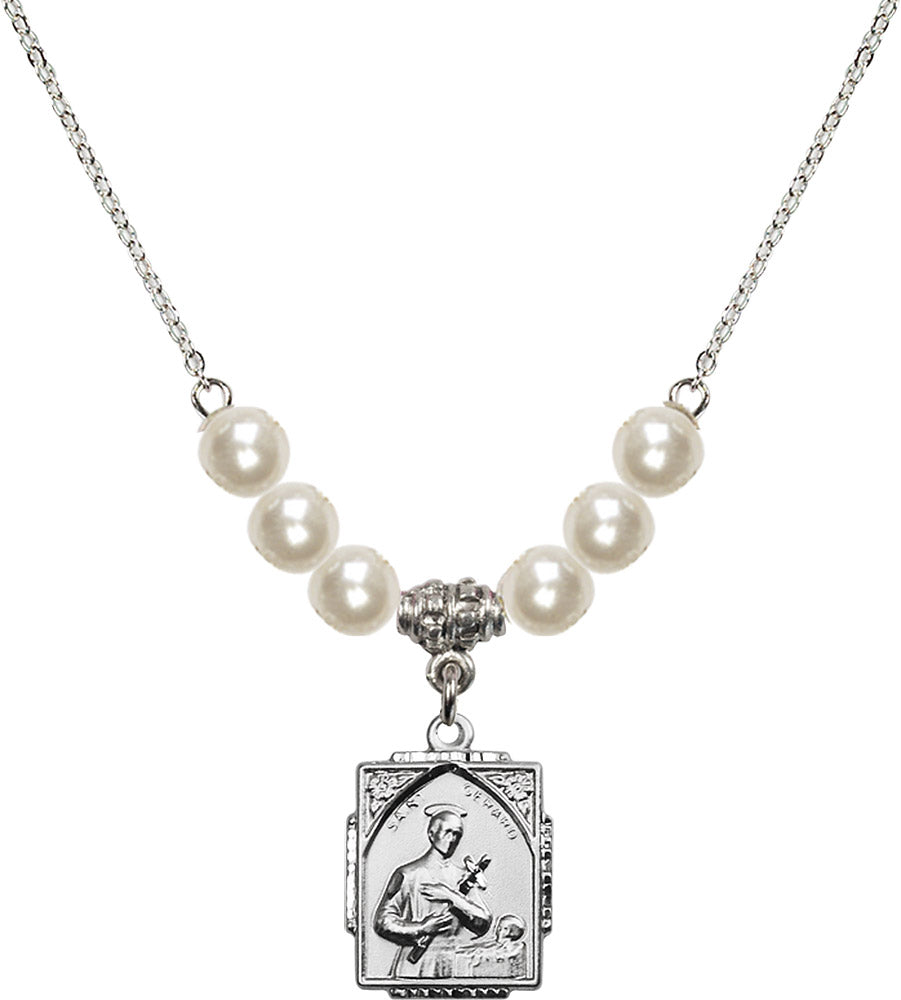Sterling Silver Saint Gerard Birthstone Necklace with Faux-Pearl Beads - 0804