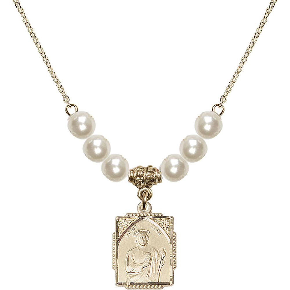 14kt Gold Filled Saint Jude Birthstone Necklace with Faux-Pearl Beads - 0804
