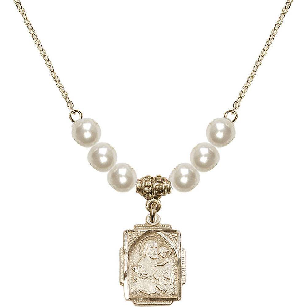 14kt Gold Filled Saint Joseph Birthstone Necklace with Faux-Pearl Beads - 0804