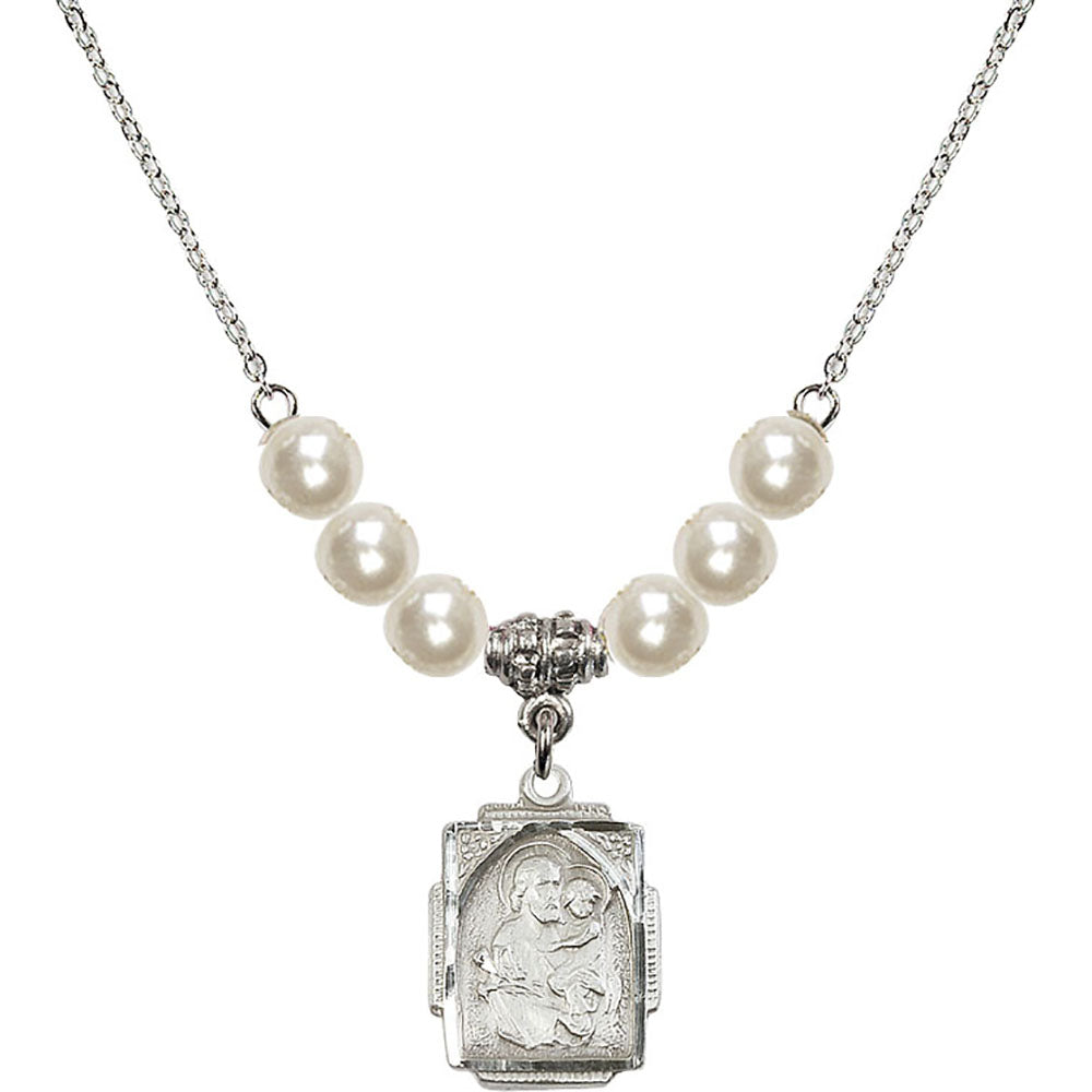 Sterling Silver Saint Joseph Birthstone Necklace with Faux-Pearl Beads - 0804