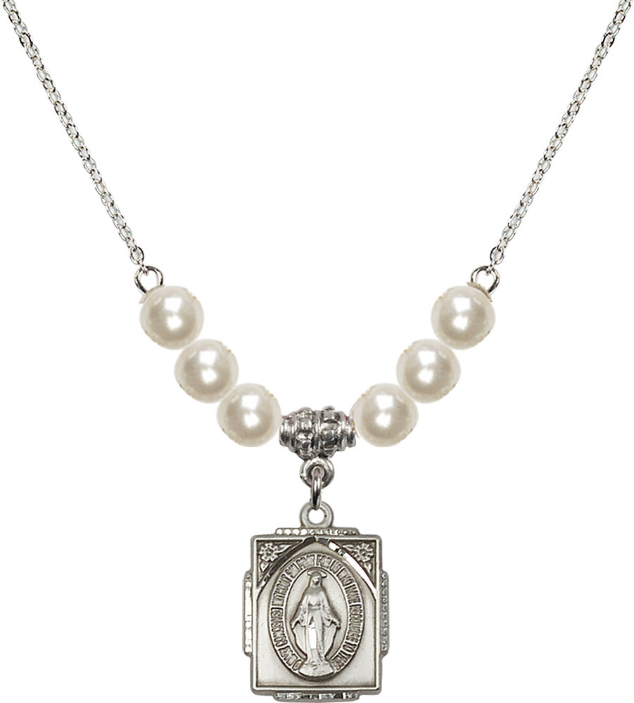 Sterling Silver Miraculous Birthstone Necklace with Faux-Pearl Beads - 0804