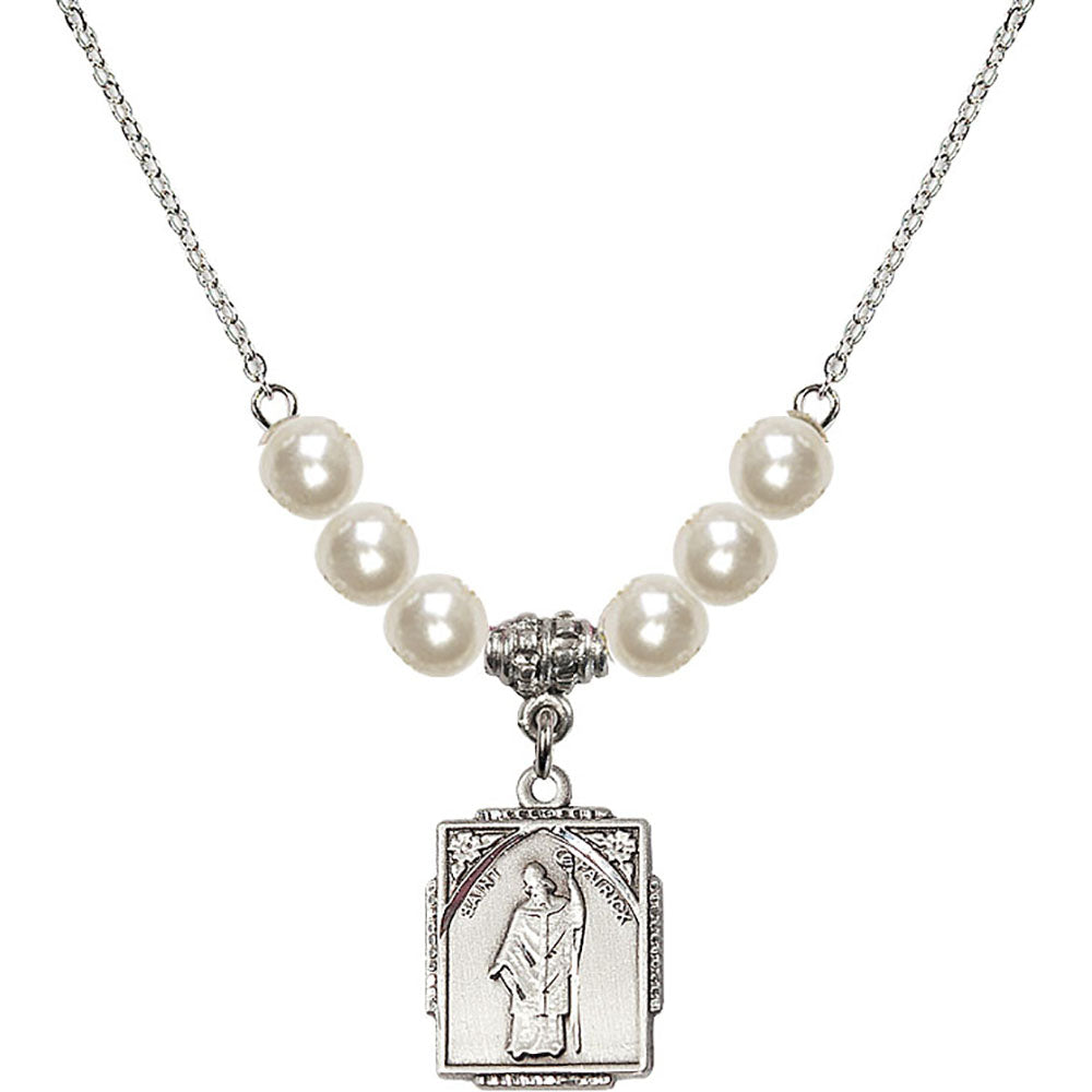 Sterling Silver Saint Patrick Birthstone Necklace with Faux-Pearl Beads - 0804