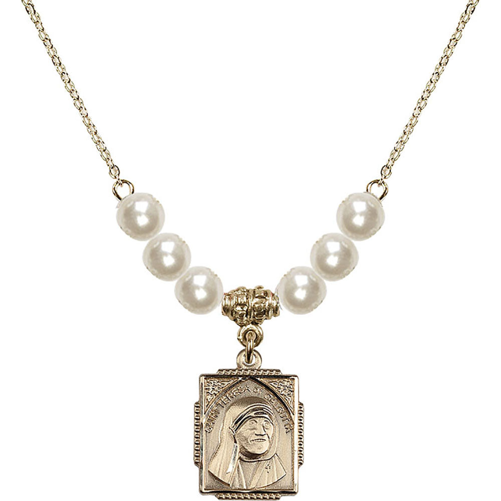 14kt Gold Filled Saint Teresa of Calcutta Birthstone Necklace with Faux-Pearl Beads - 0804