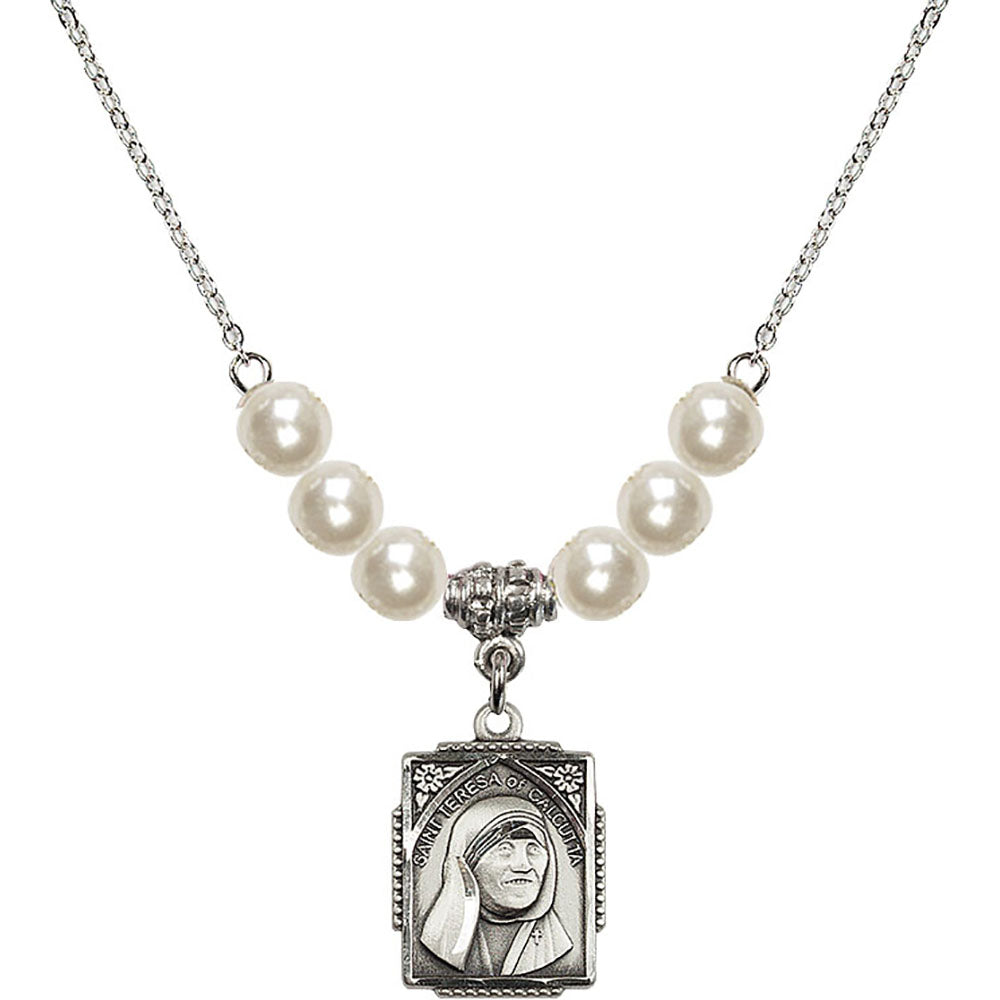 Sterling Silver Saint Teresa of Calcutta Birthstone Necklace with Faux-Pearl Beads - 0804