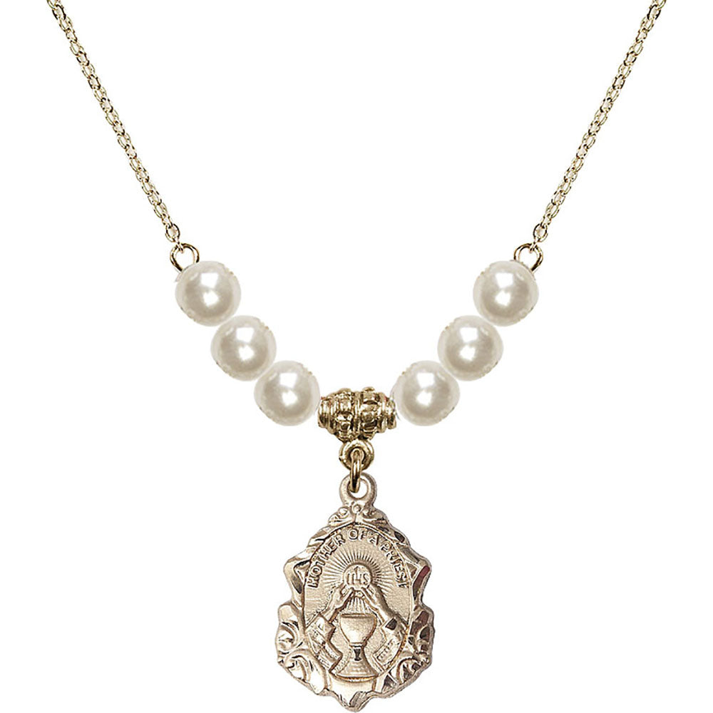 14kt Gold Filled Mother of a Priest Birthstone Necklace with Faux-Pearl Beads - 0811