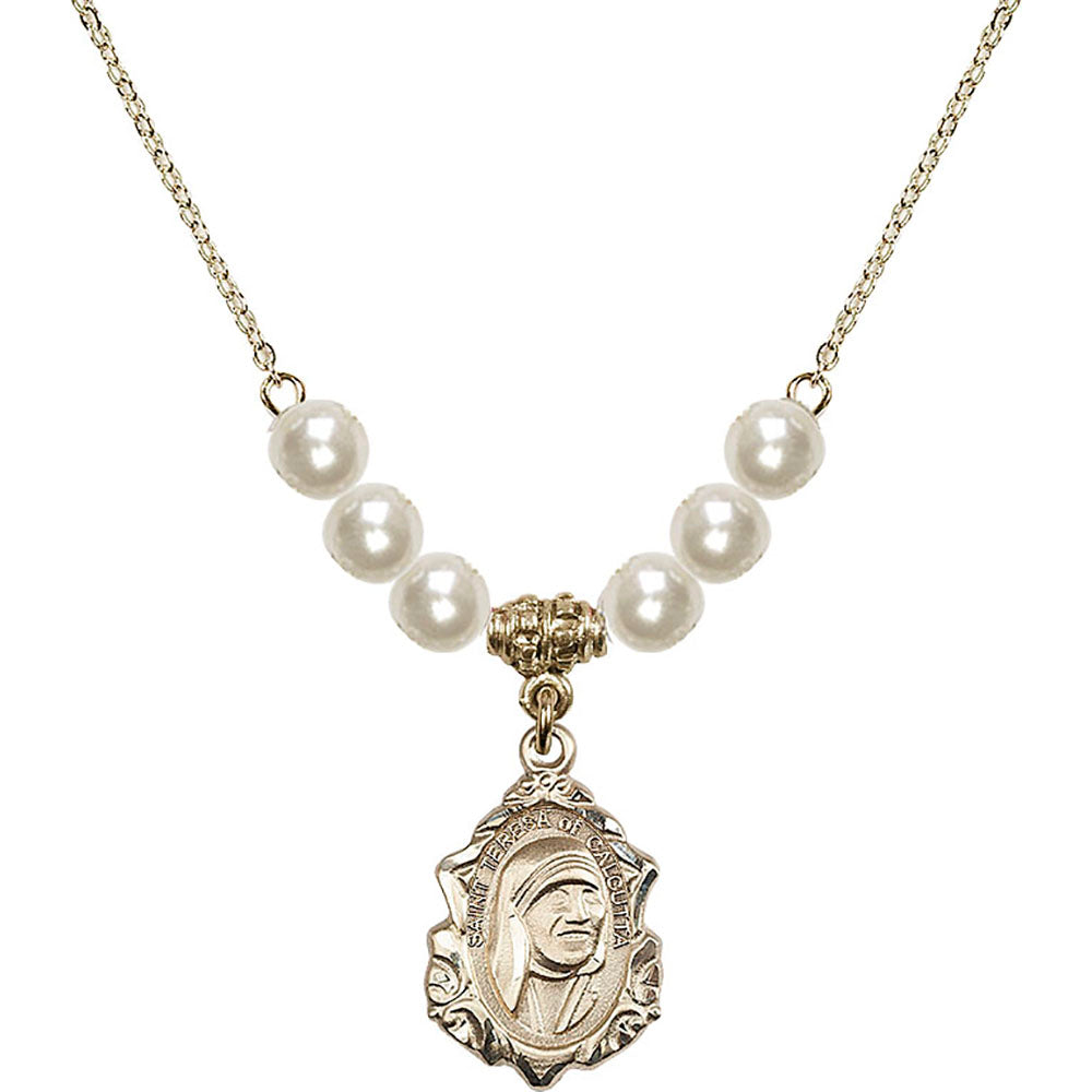 14kt Gold Filled Saint Teresa of Calcutta Birthstone Necklace with Faux-Pearl Beads - 0812