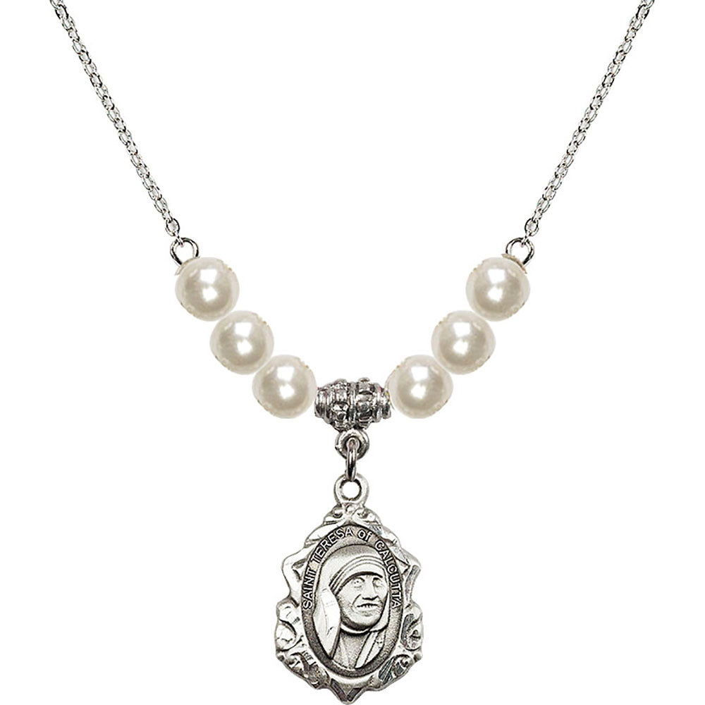 Sterling Silver Saint Teresa of Calcutta Birthstone Necklace with Faux-Pearl Beads - 0812