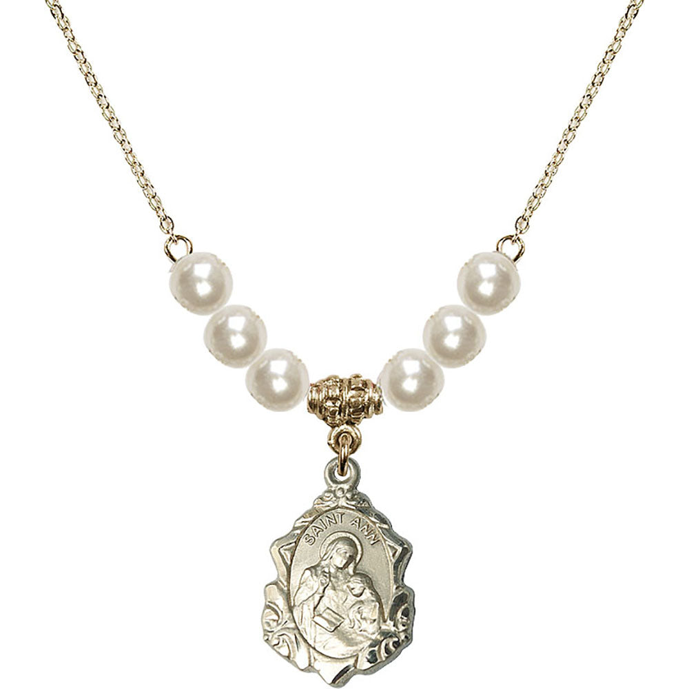 14kt Gold Filled Saint Ann Birthstone Necklace with Faux-Pearl Beads - 0822