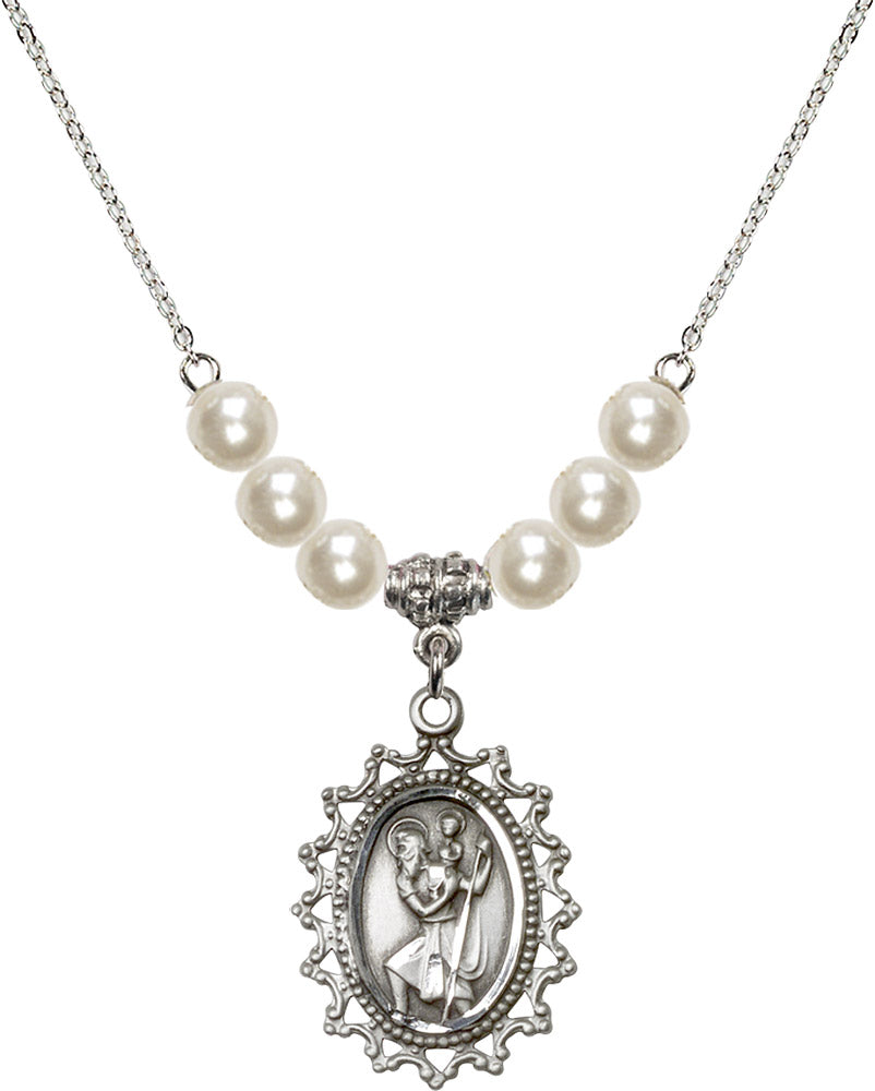 Sterling Silver Saint Christopher Birthstone Necklace with Faux-Pearl Beads - 1619