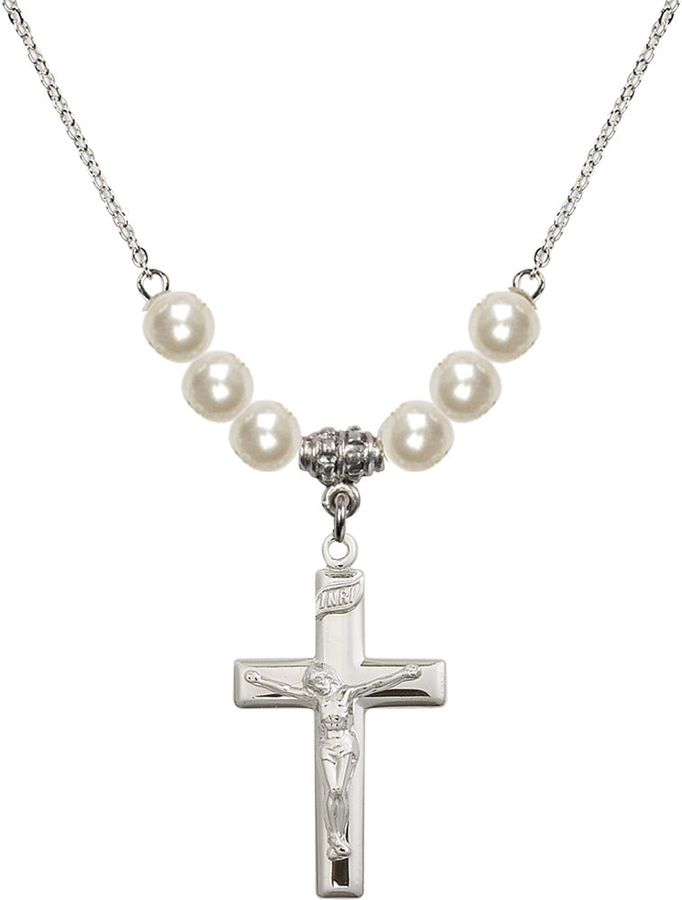 Sterling Silver Crucifix Birthstone Necklace with Faux-Pearl Beads - 2191
