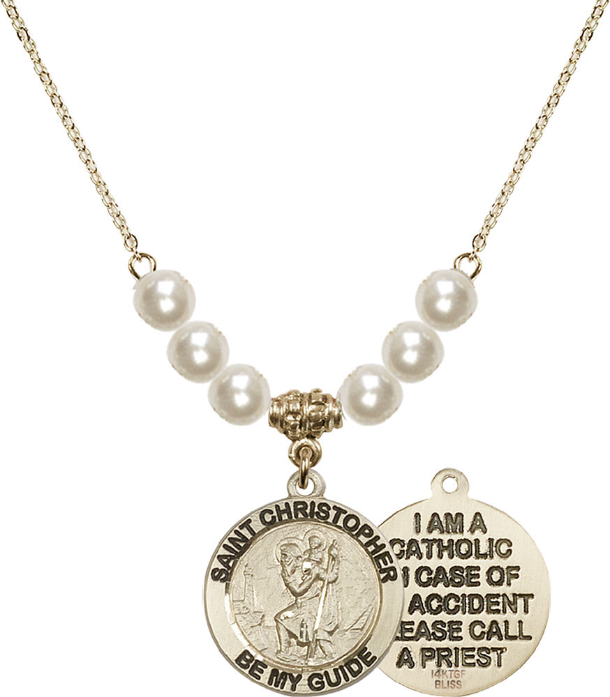 14kt Gold Filled Saint Christopher Birthstone Necklace with Faux-Pearl Beads - 4049