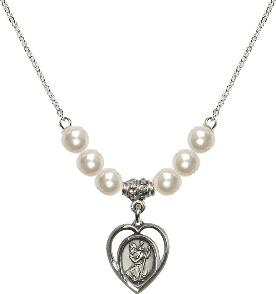 Sterling Silver Saint Christopher Birthstone Necklace with Faux-Pearl Beads - 4127