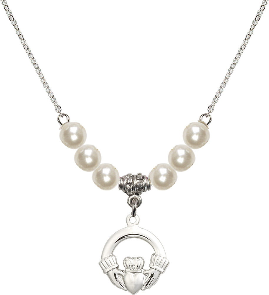 Sterling Silver Claddagh Birthstone Necklace with Faux-Pearl Beads - 4138