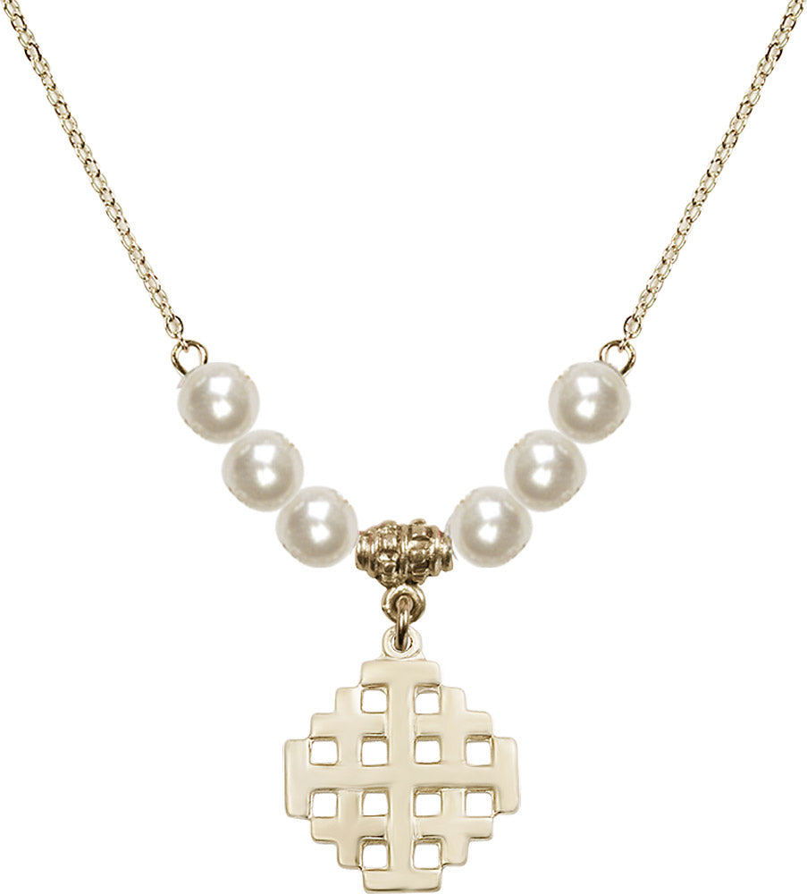 14kt Gold Filled Jerusalem Cross Birthstone Necklace with Faux-Pearl Beads - 4139