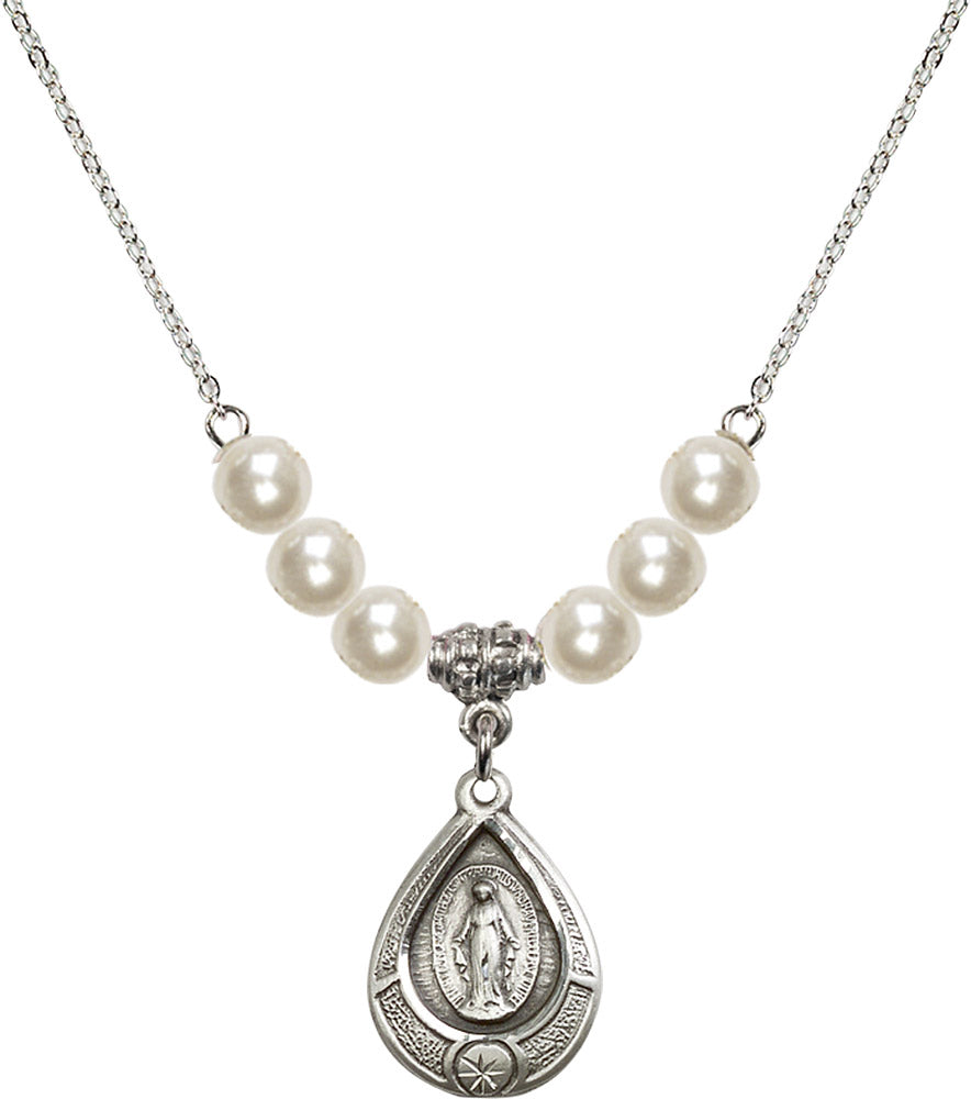 Sterling Silver Miraculous Birthstone Necklace with Faux-Pearl Beads - 4144