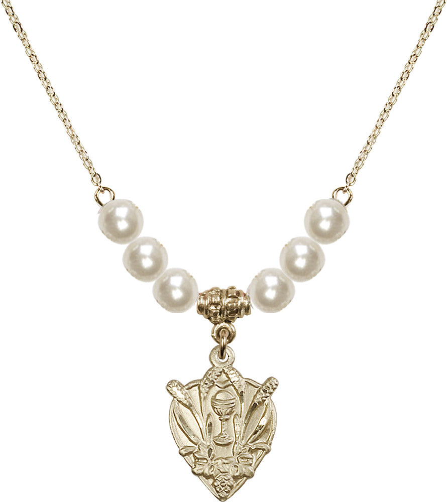 14kt Gold Filled Communion Birthstone Necklace with Faux-Pearl Beads - 4200