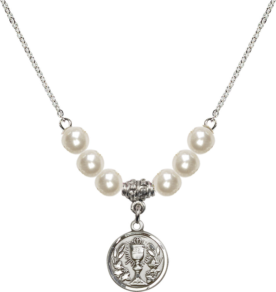 Sterling Silver Communion Chalice Birthstone Necklace with Faux-Pearl Beads - 4203