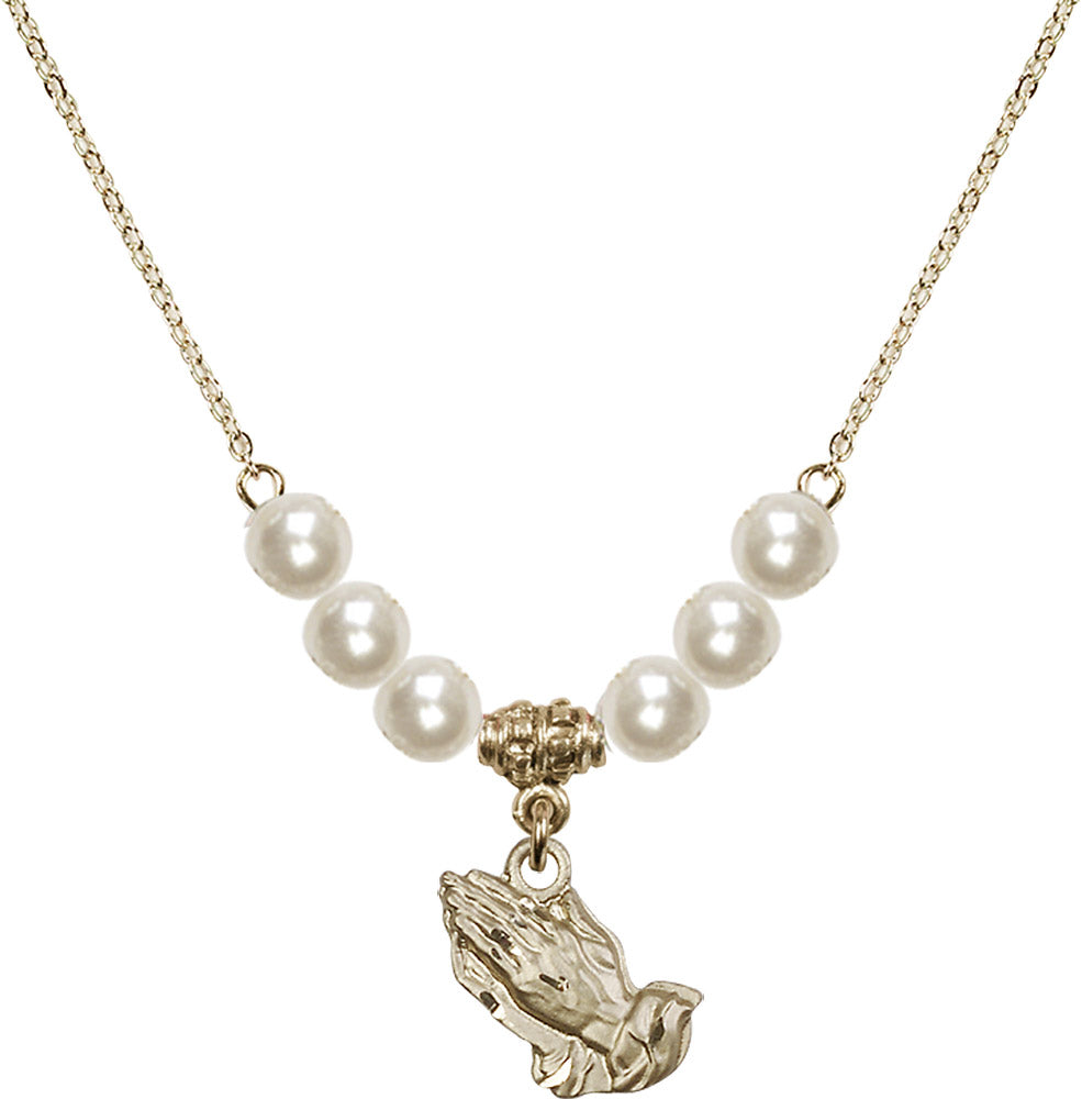 14kt Gold Filled Praying Hands Birthstone Necklace with Faux-Pearl Beads - 4219
