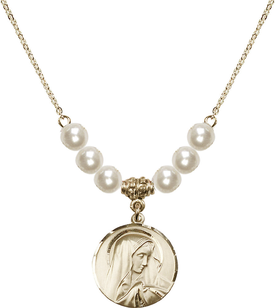 14kt Gold Filled Sorrowful Mother Birthstone Necklace with Faux-Pearl Beads - 4249
