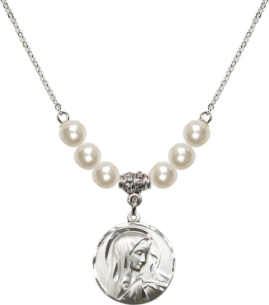 Sterling Silver Sorrowful Mother Birthstone Necklace with Faux-Pearl Beads - 4249