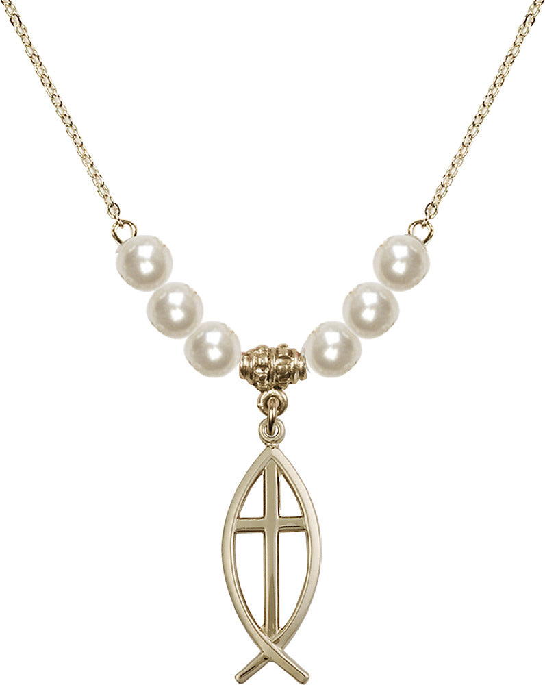 14kt Gold Filled Fish / Cross Birthstone Necklace with Faux-Pearl Beads - 4252