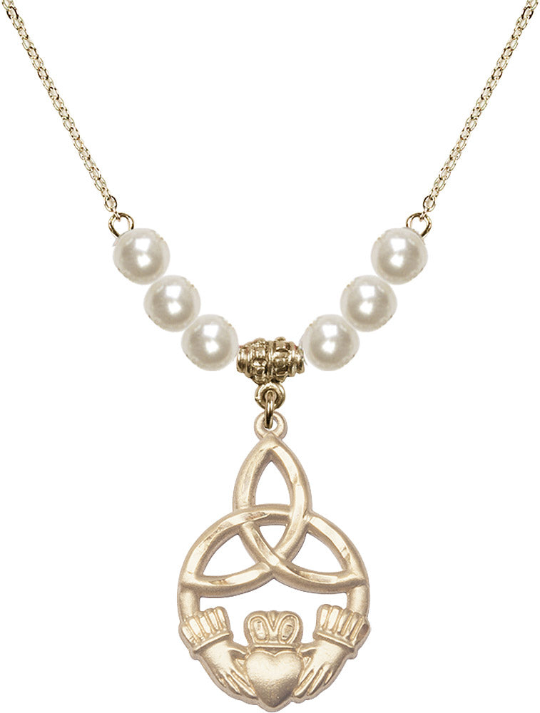 14kt Gold Filled Irish Knot / Claddagh Birthstone Necklace with Faux-Pearl Beads - 5102