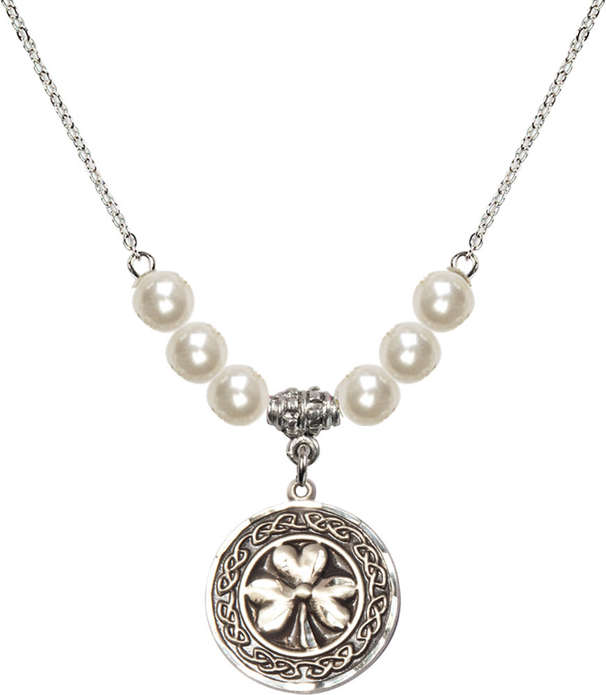 Sterling Silver Shamrock w/ Celtic Border Birthstone Necklace with Faux-Pearl Beads - 5106
