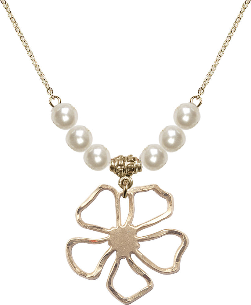 14kt Gold Filled Five Pedal Flower Birthstone Necklace with Faux-Pearl Beads - 5109