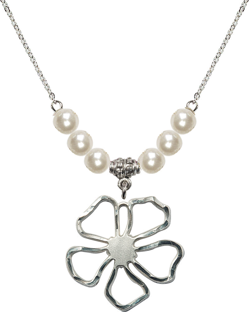 Sterling Silver Five Pedal Flower Birthstone Necklace with Faux-Pearl Beads - 5109