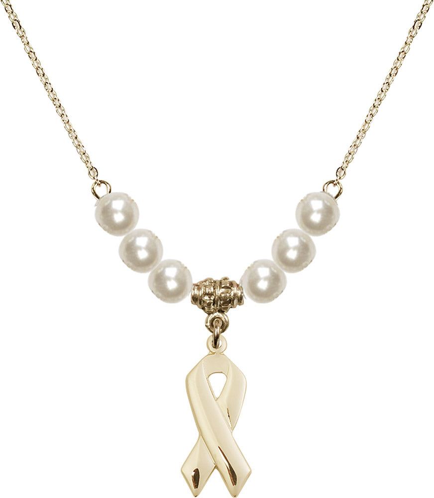 14kt Gold Filled Cancer Awareness Birthstone Necklace with Faux-Pearl Beads - 5150
