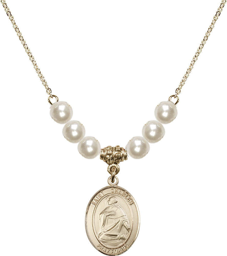 14kt Gold Filled Saint Charles Borromeo Birthstone Necklace with Faux-Pearl Beads - 8020
