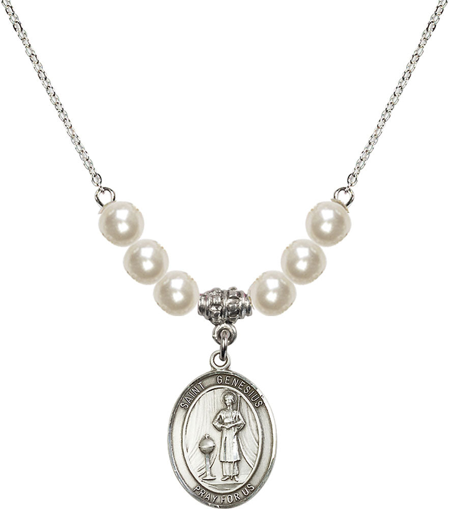 Sterling Silver Saint Genesius of Rome Birthstone Necklace with Faux-Pearl Beads - 8038