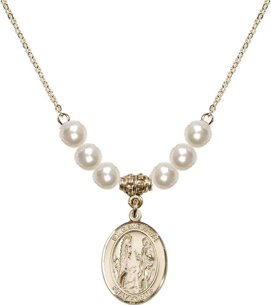 14kt Gold Filled Saint Genevieve Birthstone Necklace with Faux-Pearl Beads - 8041