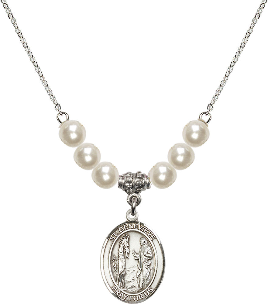 Sterling Silver Saint Genevieve Birthstone Necklace with Faux-Pearl Beads - 8041