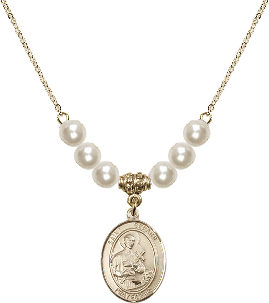 14kt Gold Filled Saint Gerard Majella Birthstone Necklace with Faux-Pearl Beads - 8042