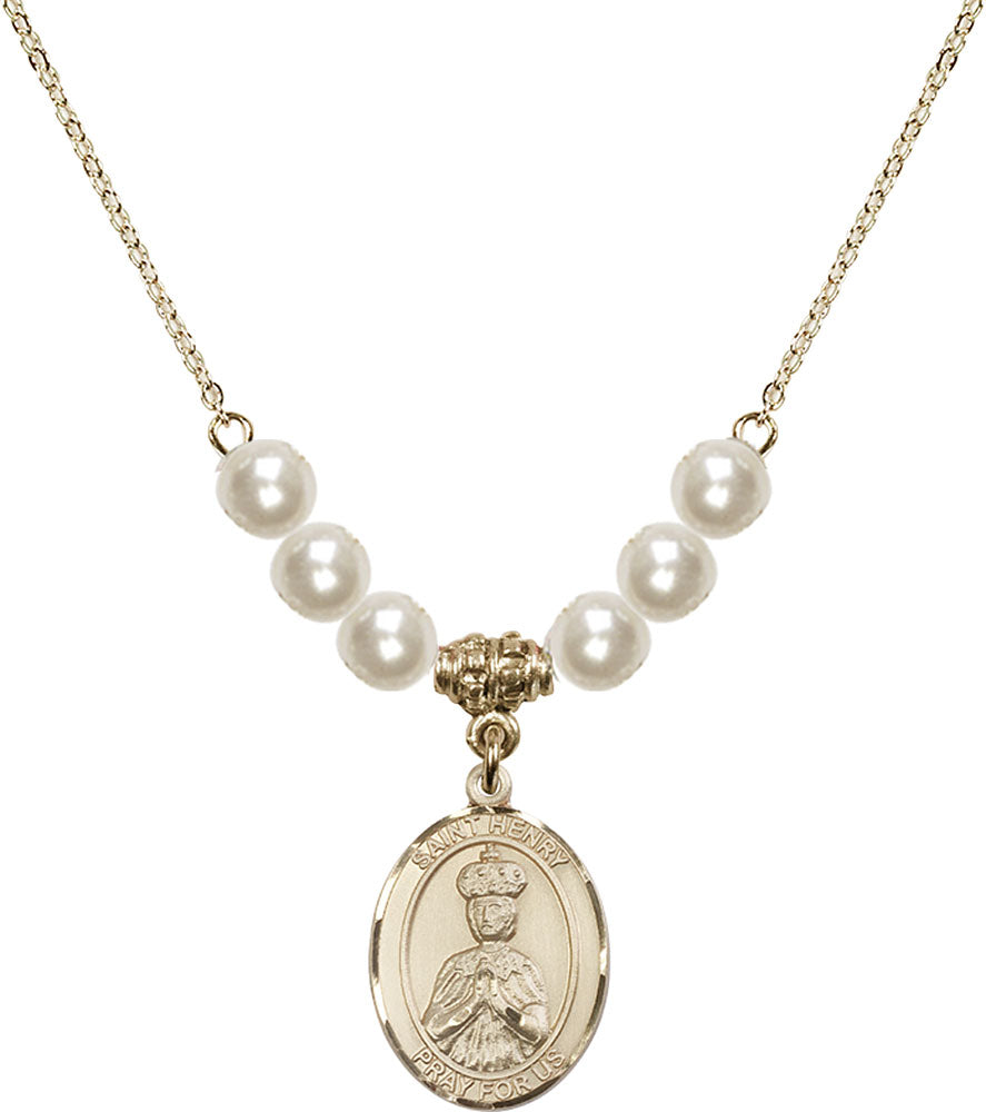 14kt Gold Filled Saint Henry II Birthstone Necklace with Faux-Pearl Beads - 8046