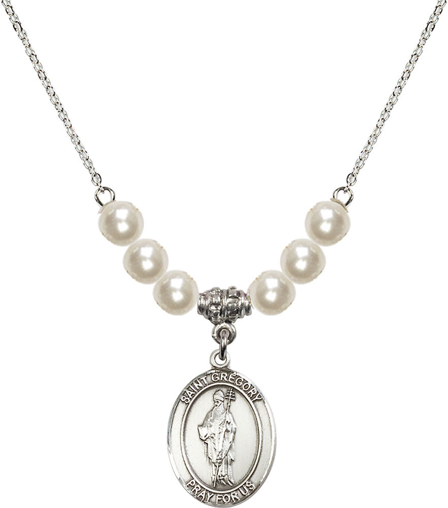 Sterling Silver Saint Gregory the Great Birthstone Necklace with Faux-Pearl Beads - 8048