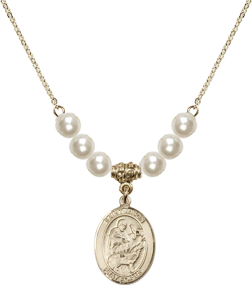 14kt Gold Filled Saint Jason Birthstone Necklace with Faux-Pearl Beads - 8051